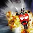 A person driving a motorcycle with fire behind them