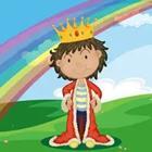 A cartoon figure wearing a red cape and gold crown under a rainbow