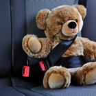 A teddy-bear with their seatbelt on