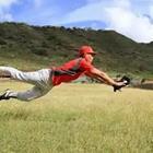 Baseball player catching ball, jump
