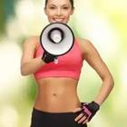 A woman in workout gear and a megaphone