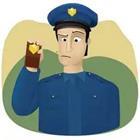 A cartoon police officer showing a gold object
