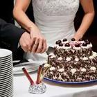 A husband and wife cutting a cake