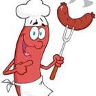 A cartoon character holding up a sausage