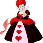 A cartoon figure in a dress with red hair and red hearts on her dress