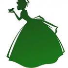 A green figure in a dress holding something out on their hand and leaning forward to it