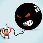 A black ball with an angry face looking down at a cartoon figure