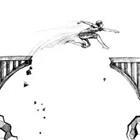 A cartoon person jumping from bridge-to-bridge
