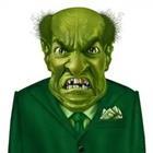 A cartoon man in all green with an angry face